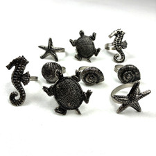 Set of 9 VTG Silver Tone Napkin Rings Holders Nautical Theme Sea Horse Turtles picture