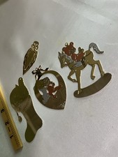 Vintage All Brass Lot 4pc: 3 Christmas Ornaments & 1 Leaf Bookmark G Duchin picture