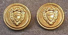 Round Metal Shank Buttons w/ Crest Relief Design, Gold Tone Qty 2 picture