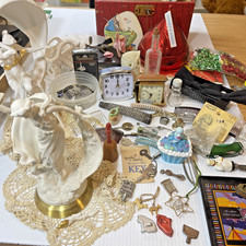 Grandmas Vintage Estate Junk Drawer Lot Franklin Mint Clocks Jewelry Keys granny picture