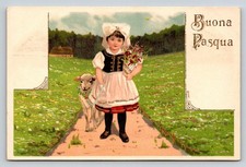 Vintage Buona Pasqua Easter Postcard Girl Lamb Flowers Tyrolean Dress WN 5461 picture
