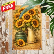 Warm Yellow Sunflower Pitcher Still Life Tin Sign Farmhouse Kitchen Decor picture