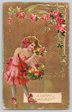 Happy Birthday Girl Flower Basket Gold Embossed Postcard 1912 Germany picture