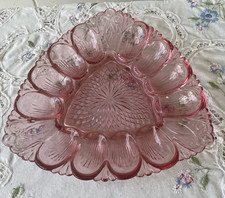 Vintage Pink Glass L E Smith Deviled Egg Triangle Dish Serving Plate MCM 1950's picture