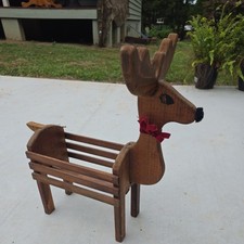 VTG Wooden Reindeer  Slatted Basket Planter Handmade Christmas  picture