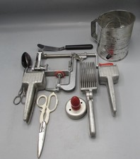 Primitive Kitchen Utensil Tool Lot 9 Pcs Tin Steel Patina Wood Wire Antique VTG picture