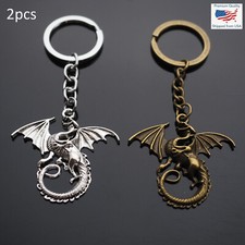 2pcs - Magical Winged Dragon Mythology Vintage Charm Keychain - Silver & Bronze picture