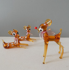 Murano Glass Deer Figurines Miniature Ornaments Lampwork Set 3 Fawn Kitsch 60s picture