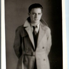 c1930s Dapper Young Man Trench Coat Overcoat Snapshot Photo Necktie picture