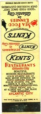 Kents Restaurants Atlantic City NJ Vintage Matchbook Cover 1960s-70s picture