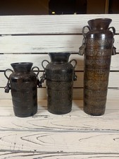 set of three vintage 1950s Indian-inspired carved metal vases picture
