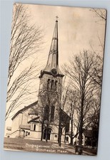 1910 Real Photo Postcard Congregational Church Winchester MA Steeple Clock picture