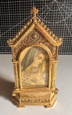Antique “Madonna Of The Lillies” By A. Collino Traveling Metal Altar gold Gilt picture