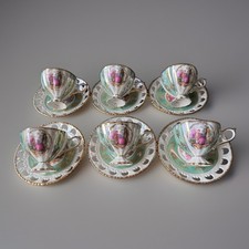 Vintage Japan Lustreware Courting Couple Tea Cup & Saucer Set of 6 Reticulated  picture