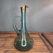 Vintage Hungarian TEAL GLASS TALL DECANTER AQUA/GOLD FLOWERS handmade Bohemian picture