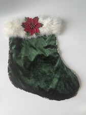 Vintage Once Upon a Time Green Velvet Christmas Stocking 17” Faux Fur Trim picture