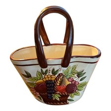 STYLE-EYES BY BAUM BROS Ceramic Basket /Vase W/Handles Hand Painted 7