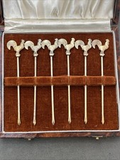 Vintage Gold Plated Silver Rooster Cocktail Sticks In Box picture