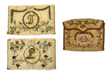 Antique French Needlework Lot: 2 18th C. Silk Panels & Revival Pouch Purse picture