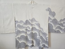 Japanese Shibori Haori Jacket, 100% Silk, White Gray Floral Kimono, 146 picture