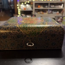 Vintage ornate Asian Mountain Flowers Oriental Wooden Jewelry Box 8 x 6x 3  picture