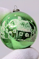 VTG Glass Stencil Pictured WINTER HOUSE Mini BALL Christmas Ornament Japan GREEN picture