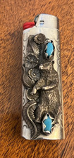 Vintage Sterling SILVER Turquoise With Bear Motif BIC Lighter Case Cover Nice picture