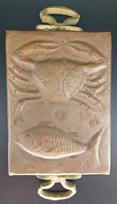 Antique c1900 Copper Fish Crab Mold Repousse Tin Lined Brass Handles picture