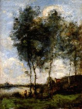 Dream-art art Oil painting Corot - Fishman in sunset summer landscape canvas 36