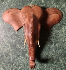 Vintage Hand Carved Wooden Elephant Head Signed picture