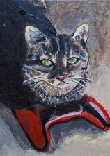 Original ACEO Acrylic Painting Cat Tabby Resting on Computer Game Controller picture