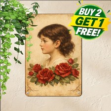 Sweet Young Girl Red Roses Garden Sign Nostalgic Country Metal Tin Plaque picture