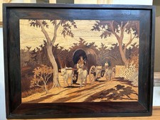 Vintage Marquetry Intarsia Wood Inlay  Wall Art-Rural scene-Ox-drawn wagons picture