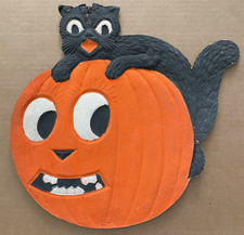 Vintage HALLOWEEN Die-Cut Germany Black Cat / Jack-O-Lantern Wall Decoration picture
