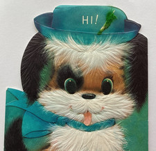Vintage Happy Birthday Card CUTE PUPPY DOG WEARING HAT Embossed Die Cut picture