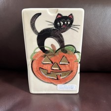 Vintage 1999 EMERSON CREEK POTTERY Halloween Pumpkin Black Cat Candle Votive HTF picture