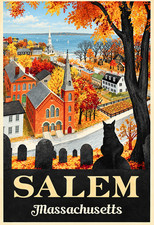 Salem Massachusetts Autumn Halloween Black Cat Vintage Travel Poster 13x19 picture