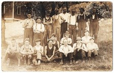 real photo Marshfield VT - Workmen Crew Men Overalls Pipe antique postcard RPPC picture