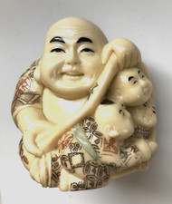 NICE POLISHED RESIN BUDDHA FIGURINE WITH CHILDREN BABIES 3x4 INCHES picture