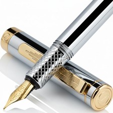 Scriveiner Luxury Fountain Pen Medium Nib Silver Chrome Plated picture