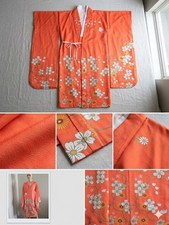 Vintage Japanese Kimono Robe Coral Orange Floral Bird Long Sleeve L XL New picture