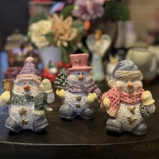 Vintage Three Snowman Buddies Figurines Unique Whimsical picture