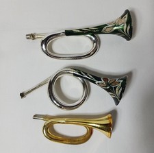 3 vtg MCM Mercury Glass FRENCH HORN Trumpet Christmas Ornament Germany 1950's picture