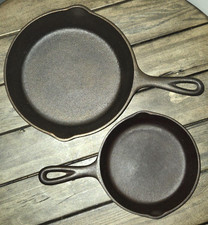2 VTG Unmarked Lodge #5 SK & #3 Cast Iron Skillets 3-Notch Heat Ring DBL Spouts picture