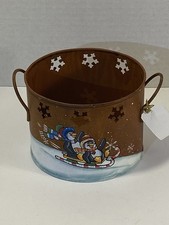 Vtg 90s Rustic metal holiday bucket Hand painted winter penguins. Nos Unused picture