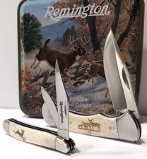 Remington Buck Doe Deer Scene Tin White Bone Peanut Lockback Pocket Knife Set picture
