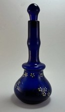 Antique Cobalt Blue Toothpick Painted Floral Pontiled Glass Barber Bottle 9.25