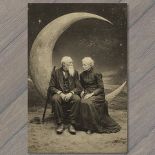 POSTCARD Elderly Couple Crescent Moon Surreal Night Love Timeless Romance picture