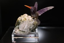Peter Muller Hand Carved Fluorite Hummingbird on Tourmaline Base 3 3/4