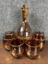 VTG Italian Amethyst Glass Decanter Set With Gold Overlay-7Pieces picture